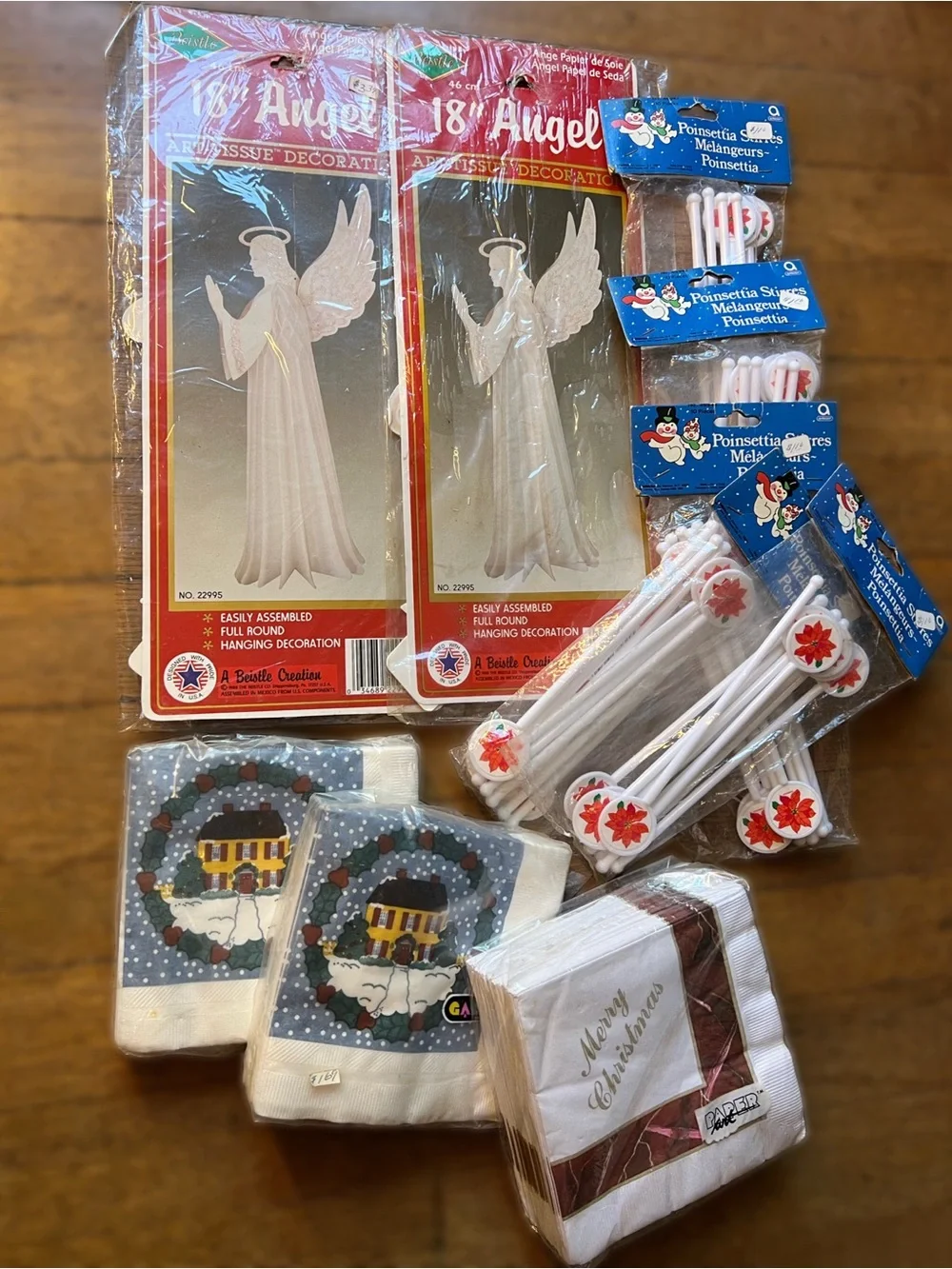Vintage Holiday Lot - Napkins, Poinsettia Stirrers, and Angel Art Tissue Decor